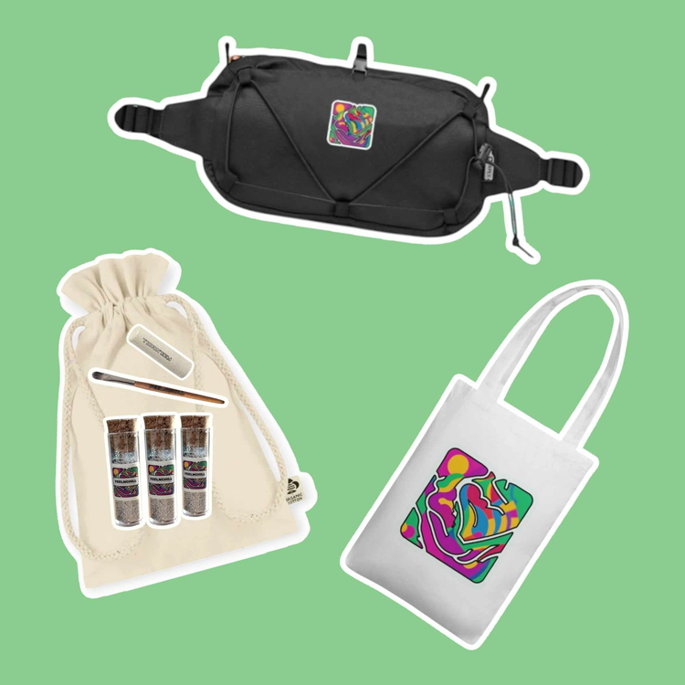 Kits tout-en-un Feelnchill pour festivals, avec paillettes, accessoires écologiques et goodies écoresponsables.