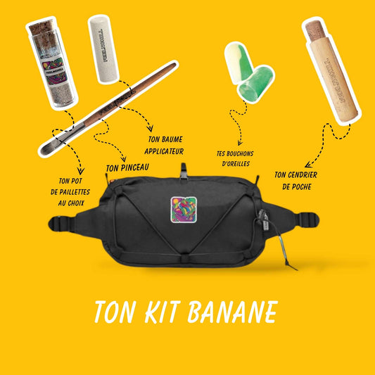Kit festivalier Feelnchill avec banane recyclée, paillettes biodégradables et accessoires écoresponsables.