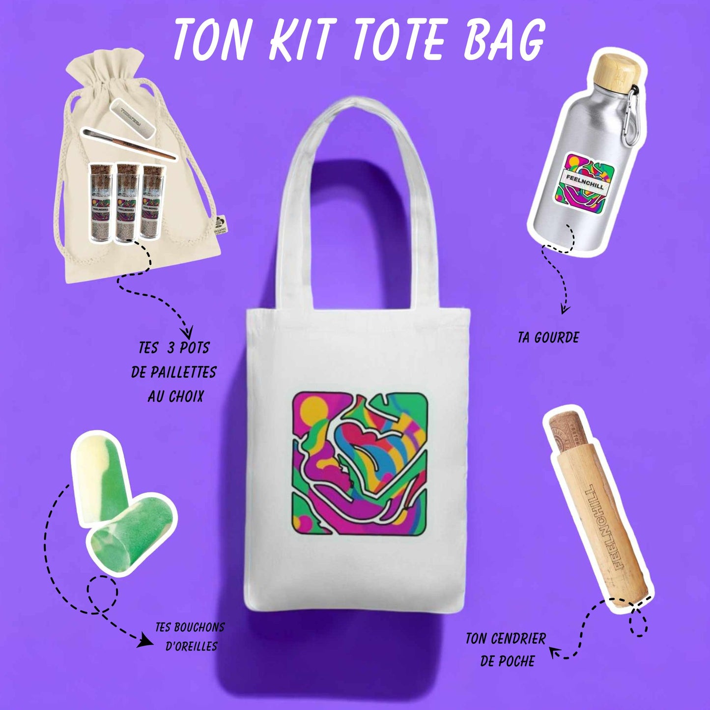 Kit Feelnchill avec tote bag en coton bio et paillettes au choix, parfait pour les festivals